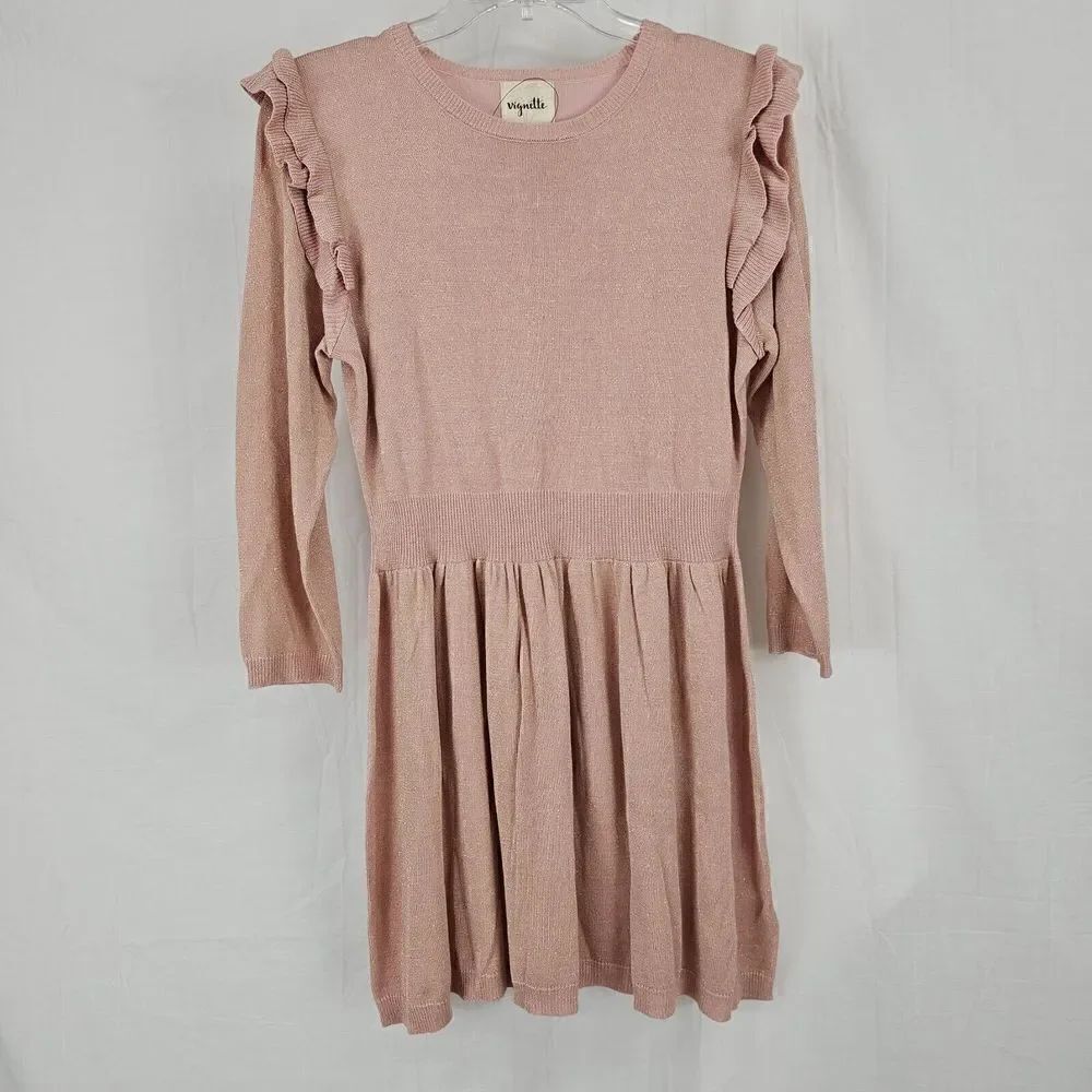 Vignette Girls Carrie Dress In Pink Size 12Y Glitter Long Sleeve Ruffle